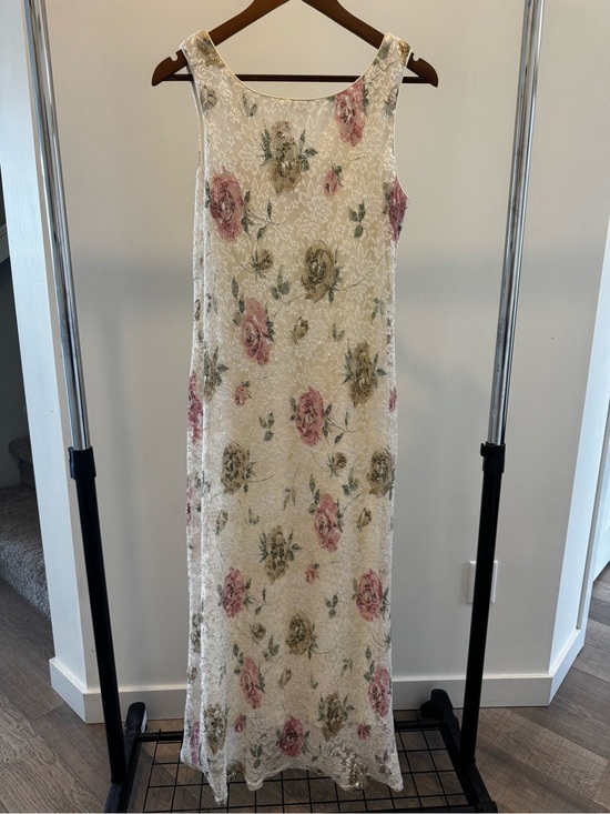 Vintage Dresses & Skirts - 90s/Y2K Amoretti Lace Dress in Ivory, Pink & Olive